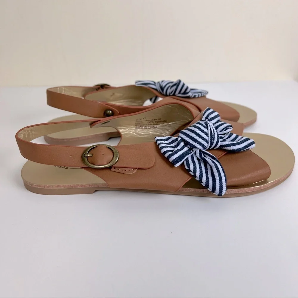 Joyfolie | Striped Bow Criss Cross Sandal Brown With Navy White Bow | Girls 3